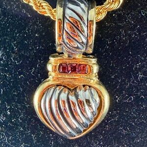 Elegant Gold and Silver Heart Necklace with Red Gemstone